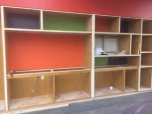 Close-up of the shelving where Learn It! equipment will be showcased.